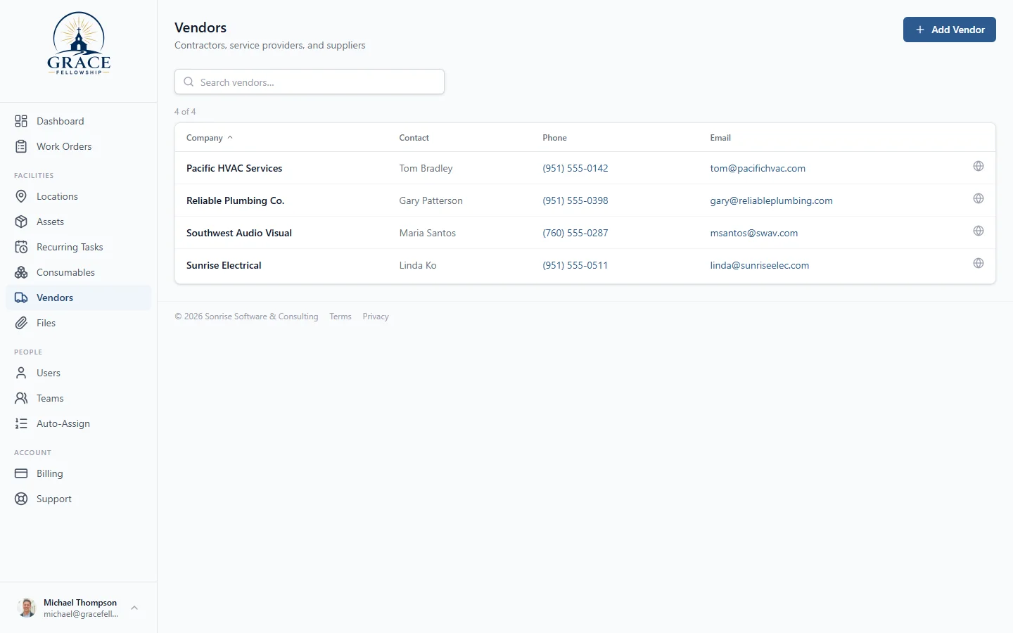 Vendor Management desktop view